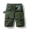 Mens olive green cargo shorts featuring camouflage pocket accents and a matching woven belt. - 29 / Bottoms / Army Green