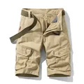 Men's vintage khaki cargo shorts featuring multi-pockets and durable green canvas belt - 30 / Bottoms / Khaki
