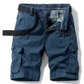 Navy blue cotton cargo shorts for men featuring a black belt and multiple pockets - 28 / Bottoms / Dark Blue