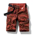 Men's red military camouflage cargo shorts with black woven belt and pockets - 29 / Bottoms / Red Camouflage