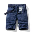 Men's navy blue floral print cargo shorts with woven belt, trendy summer casual style - 28 / Bottoms / Blue