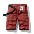 Trendy men's summer cargo shorts featuring a red rose floral print and black canvas belt - 28 / Bottoms / Red