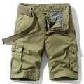 Men's retro army green cargo shorts with multiple pockets and matching canvas belt - 28 / Bottoms / Khaki