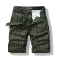 Men's army green cargo shorts with black geometric stripe pattern and matching canvas belt - 28 / Bottoms / Army Green