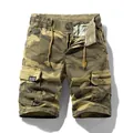 Men's camouflage cargo shorts with elastic drawstring waist and multi-pockets - 30 / Bottoms / Khaki