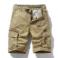 Men's classic khaki multi-pocket vintage cargo shorts with elastic waist and D-ring - 30 / Bottoms / Khaki