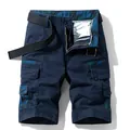 Men's dark blue straight cargo shorts with camouflage accents and black nylon belt - 38 / Bottoms / Dark Blue