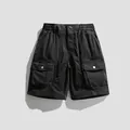 Stylish black men's retro cargo shorts featuring multi-pockets and elastic drawstring waist - 28 / Bottoms / Black