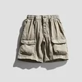 Vintage American style khaki cargo shorts with elastic waist and multi-pockets - 28 / Bottoms / Khaki