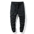 Casual men's retro black cargo jogger pants with elastic waist and multi-pockets design - 28 / Bottoms / Black