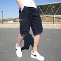 Casual donkerblauwe katoenen cargo short voor heren in Japanse stijl met zakken - Donkerblauw