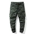 Men's green camouflage cargo jogger pants featuring elastic cuffs and functional zipper pockets - 28 / Bottoms / Army Green