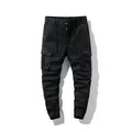 Men's black techwear cargo pants with multiple pockets and elastic drawstring jogger cuffs - 28 / Bottoms / Black