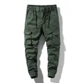 Men's retro army green cargo jogger pants featuring elastic waist and multi-pockets. - 28 / Bottoms / Army Green
