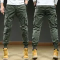 Men's retro army green cargo jogger pants with multi-pockets and elastic drawstring waist - 29 / Bottoms / Army Green