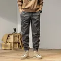 Vintage Japanese style men's charcoal grey cargo joggers with drawstring waist - 29 / Bottoms / Gray