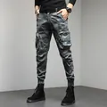 Men's camouflage cargo pants with multi-pockets and tapered cuffs in street style - 28 / Bottoms / Gray