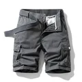 Summer men's loose dark grey cargo shorts with multiple pockets and matching belt - 29 / Bottoms / Gray
