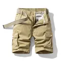 Summer men's loose cargo shorts with multi-pockets and belt in techwear style. - 29 / Bottoms / Khaki