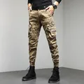 Men's high street camouflage cargo joggers with multiple pockets and elastic cuffs - 28 / Bottoms / Khaki