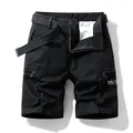 Men's black multi-pocket cargo shorts with belt, loose fit retro summer style workwear. - Black
