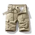 Men's vintage loose-fit multi-pocket khaki cargo shorts with adjustable woven belt - 29 / Bottoms / Khaki
