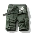 Men's vintage dark green cargo shorts with multi-pockets and matching belt, loose fit style - 29 / Bottoms / Army Green