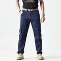 Durable men's slim fit straight cargo pants with multi-pockets in deep navy blue color - 38 / Bottoms / Dark Blue