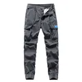 Men's dark grey multi-pocket cargo pants with elastic waist and zipped cuffs - 28 / Bottoms / Gray