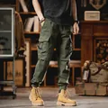 Premium men's army green cargo pants featuring multi-pockets and cuffed elastic hem - 28 / Bottoms / Army Green