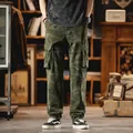 Retro camouflage multi-pocket straight leg cargo pants for men in vintage military style - 28 / Bottoms / Army Green