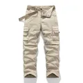 Casual men's khaki straight-leg cargo pants with multi-pocket design and woven belt included - 28 / Bottoms / Apricot