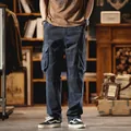 Vintage blue camouflage cargo pants with multi-pockets and loose straight fit W9177 - 28 / Bottoms / Dark Blue