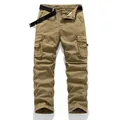 Men's khaki multi-pocket straight-leg cargo pants featuring a matching black canvas belt - 28 / Bottoms / Khaki