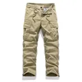 Khakifarbene Herren-Cargo-Hose mit mehreren Taschen, Kordelzug und geradem Bein - 28 / Unterteile / Khaki