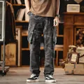 Retro camouflage cargo pants with multi-pocket design and straight-leg loose fit. - 28 / Bottoms / Gray