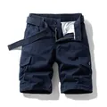 Stylish men's navy blue cotton cargo shorts with multi-pockets and matching woven belt - 29 / Bottoms / Dark Blue