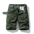 Men's loose cotton cargo shorts with multiple pockets and matching belt, olive green. - 29 / Bottoms / Army Green