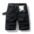 Men's loose black cotton cargo shorts with multi-pockets and techwear style belt. - Black