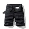 Men's black striped cotton cargo shorts with canvas belt for summer daily wear - Black