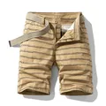 Men's khaki cotton striped cargo shorts with matching fabric belt and leisure pattern design - 29 / Bottoms / Khaki