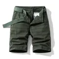 Men's striped olive green cotton cargo shorts with matching fabric belt accessory - 29 / Bottoms / Army Green