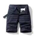 Classic men's navy blue striped pure cotton casual shorts including a matching woven belt. - 29 / Bottoms / Dark Blue