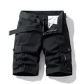 Classic black multi-pocket cargo shorts for men with matching woven belt for summer - Black