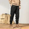 Men's black Japanese style casual cargo joggers with elastic ankles and drawstring - 28 / Bottoms / Black