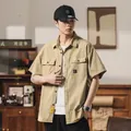 Men's khaki short sleeve cargo shirt with multi-pockets in vintage Japanese style - M / Tops / Khaki