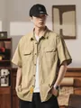Men's khaki short-sleeve utility shirt in casual Japanese street style for summer. - M / Tops / Khaki