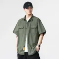 Classic men's retro olive green cargo short sleeve shirt featuring dual chest pockets - M / Tops / Army Green