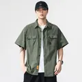 Men's army green short sleeve utility work shirt with pockets in retro street style - M / Tops / Army Green