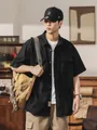 Classic men's black short sleeve work shirt with multi-pockets in casual Japanese style - M / Tops / Black